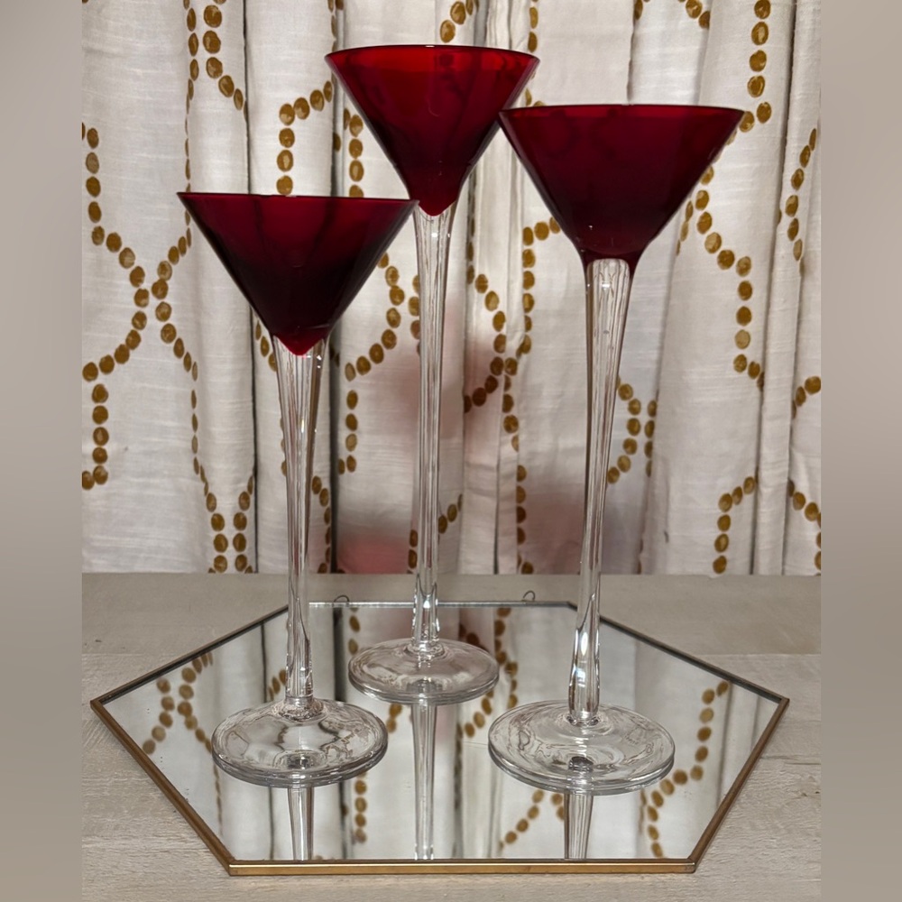 Torre & Tagus Ruby and Clear Glass Candle Holders Set of 3
